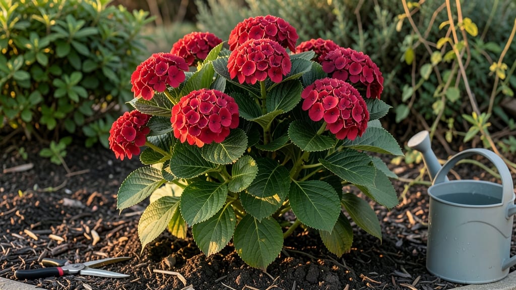 Hydrangea Macrophylla 'Lady In Red' Recipe: Pole-Trained Bloom Magic in Containers